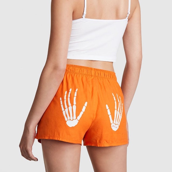 Victoria's Secret PINK Flannel Boxy Pajama Shorts Halloween Orange Skeleton NEW - Picture 1 of 3